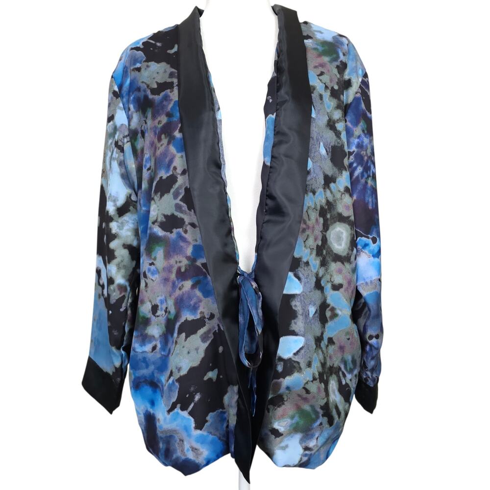 NWT Kenneth Barlis Project Runway Satin Kimono Wrap Robe Blue Watercolor M